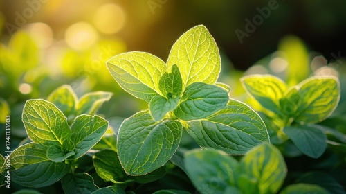 Lush green plants backlit by sunset, ideal for nature or health themes photo