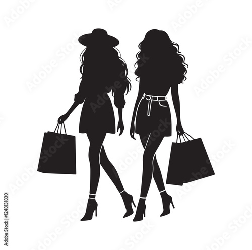 Two female friends shopping silhouette vector illustration