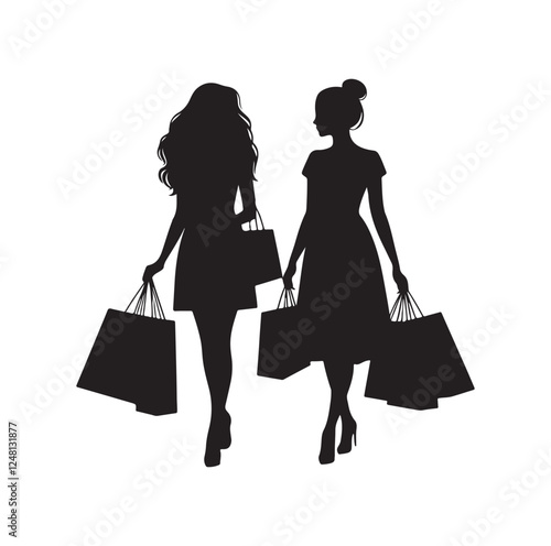 Two female friends shopping silhouette vector illustration