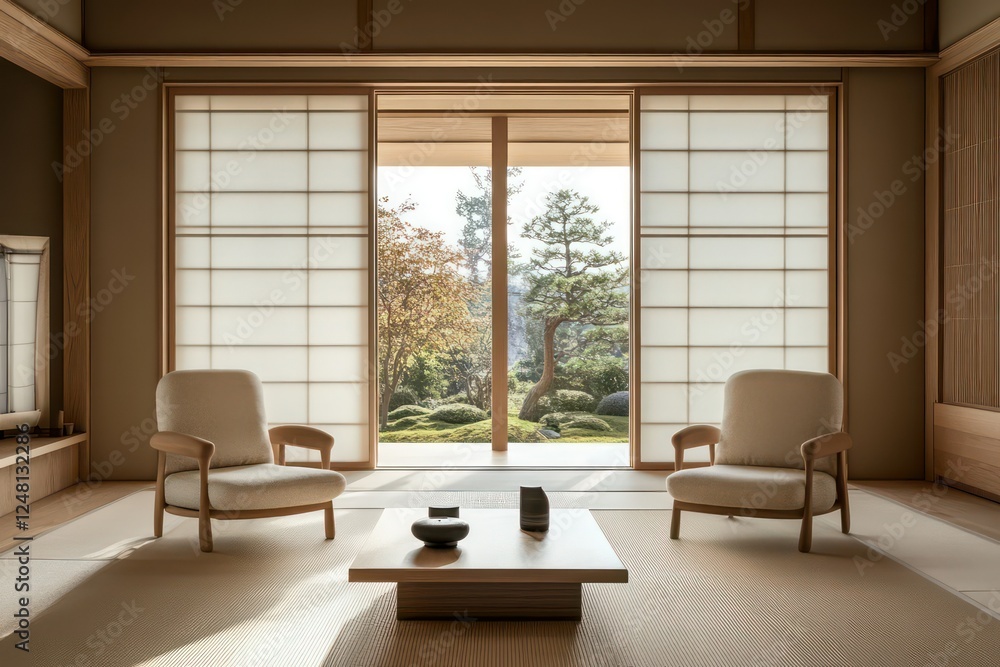 Fototapeta premium A serene Japandi living room with neutral tones, cozy armchairs, and minimalist decor.