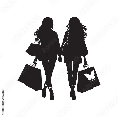 Two female friends shopping silhouette vector illustration