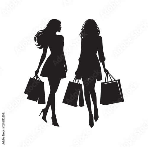 Two female friends shopping silhouette vector illustration