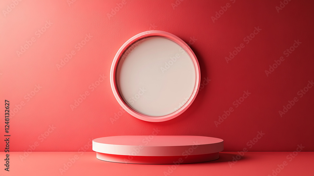 Heart shape podium on red background. Vector realistic illustration of pink love symbol platform, valentine day gift presentation, pedestal mockup for romantic surprise, round window on showroom wall Heart shape podium on red background. Vector realistic illustration of pink love symbol platform, valentine day gift presentation, pedestal mockup for romantic surprise, round window on showroom wall