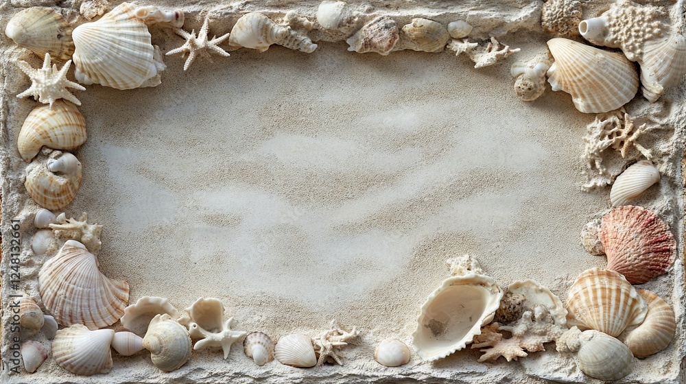 Beach Vibes: A frame made of seashells and coral fragments on a sandy-textured surface Beach Vibes: A frame made of seashells and coral fragments on a sandy-textured surface