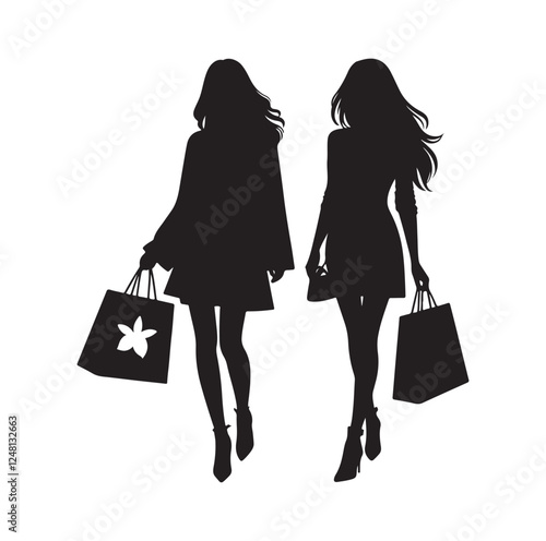 Two female friends shopping silhouette vector illustration