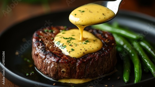 Close-up studio shot of a spoon pouring rich béarnaise sauce over a perfectly cooked filet mignon, served with fresh green beans on a black plate, captured in warm lighting with a low-angle perspectiv photo