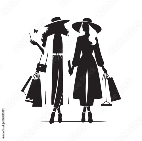 Two female friends shopping silhouette vector illustration