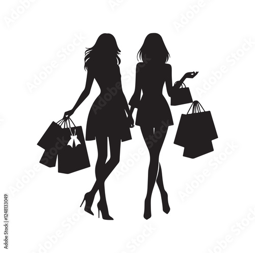 Two female friends shopping silhouette vector illustration