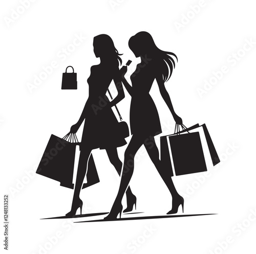 Two female friends shopping silhouette vector illustration