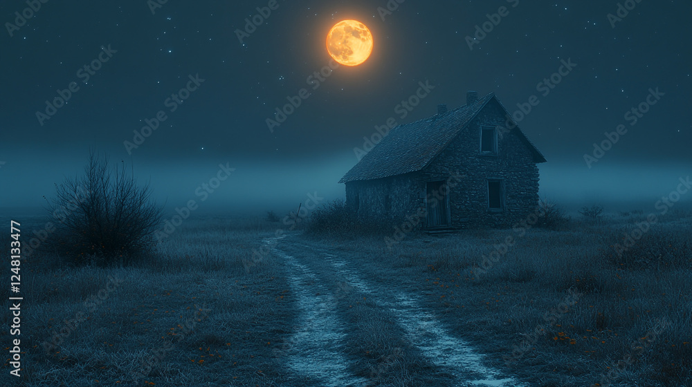 Naklejka premium Moonlit landscape with an old stone house on a foggy night