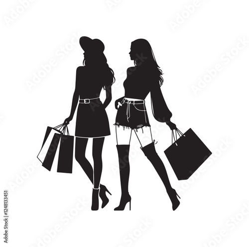 Two female friends shopping silhouette vector illustration