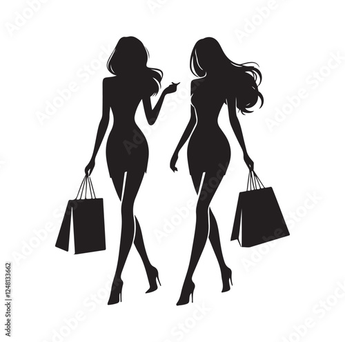 Two female friends shopping silhouette vector illustration