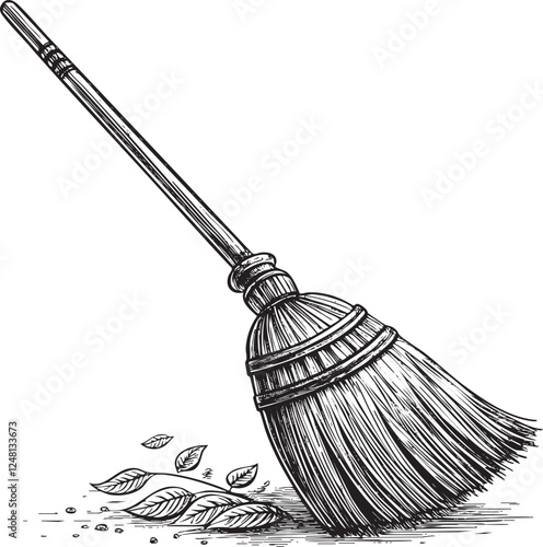 broom engraving vector illustration