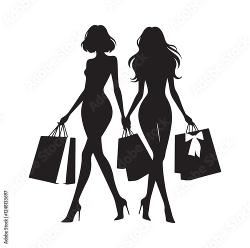 Two female friends shopping silhouette vector illustration