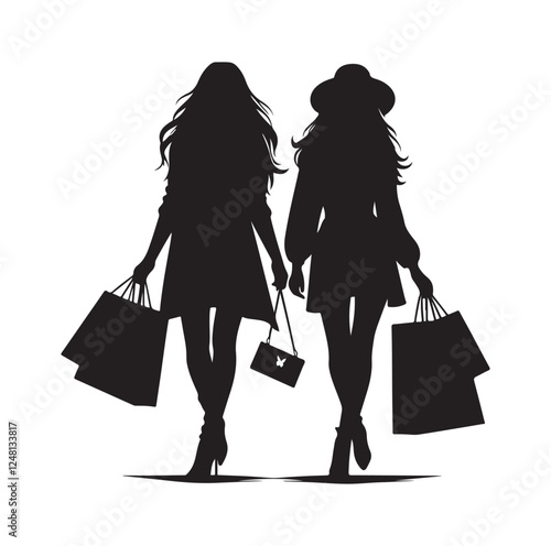 Two female friends shopping silhouette vector illustration