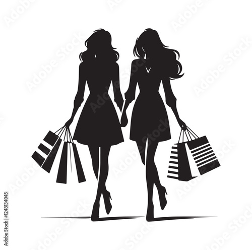 Two female friends shopping silhouette vector illustration