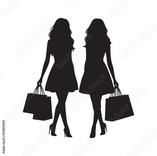 Two female friends shopping silhouette vector illustration