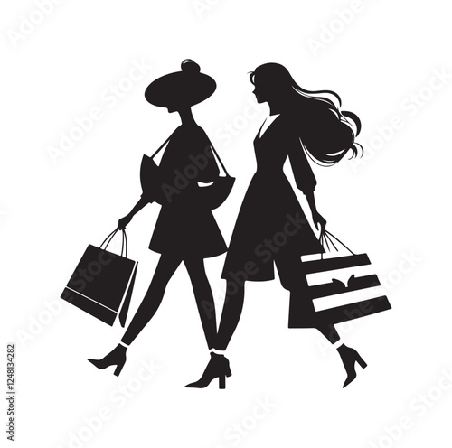 Two female friends shopping silhouette vector illustration