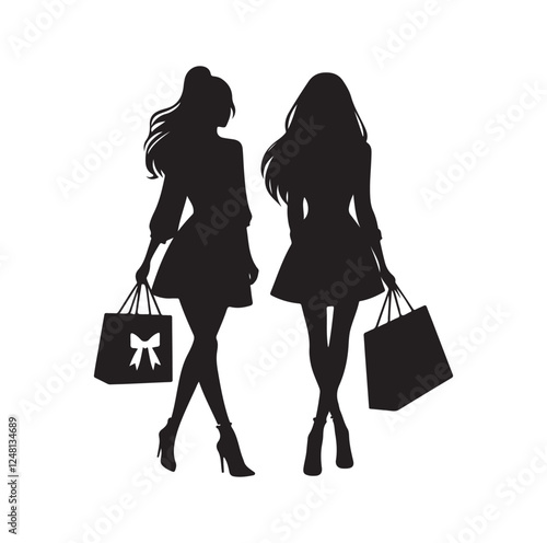Two female friends shopping silhouette vector illustration
