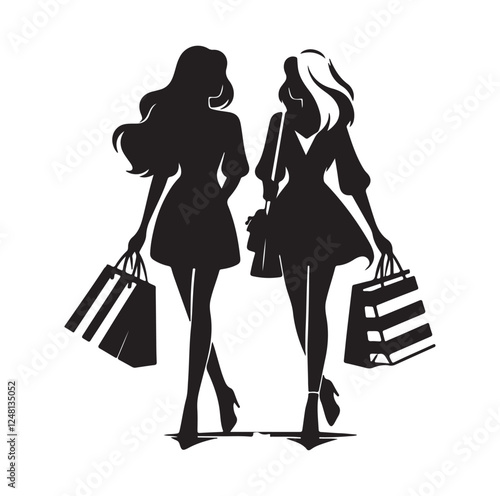 Two female friends shopping silhouette vector illustration