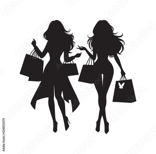 Two female friends shopping silhouette vector illustration