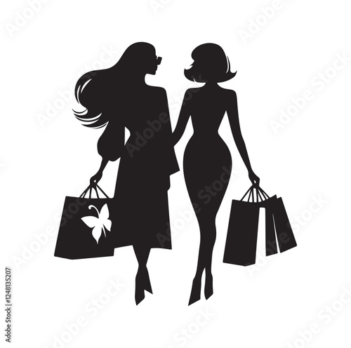 Two female friends shopping silhouette vector illustration