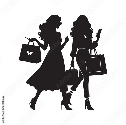 Two female friends shopping silhouette vector illustration