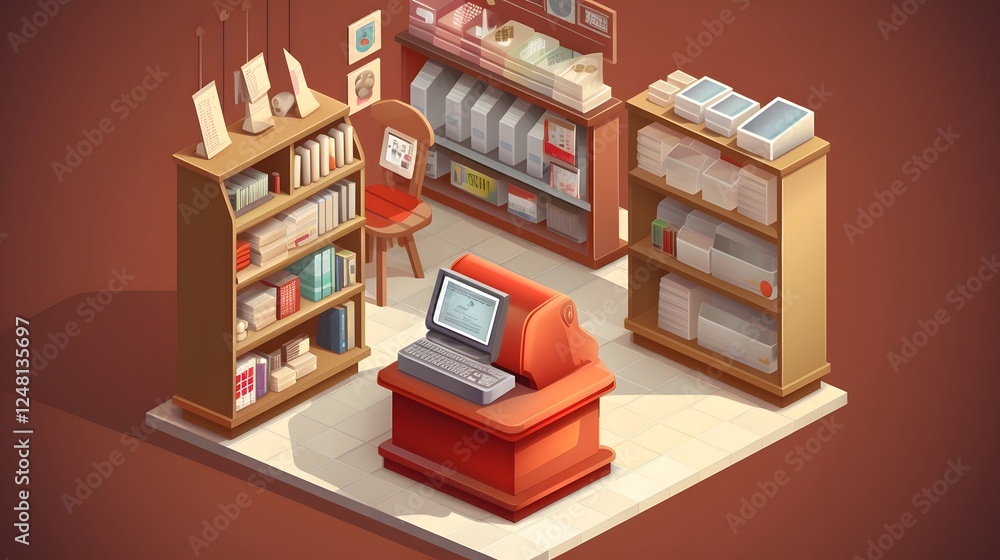 Isometric view of a small abandoned educational supply store with dusty worn shelves unsold books and an empty cash register showcasing a interior of a retail space that has fallen into disrepair Isometric view of a small abandoned educational supply store with dusty worn shelves unsold books and an empty cash register showcasing a interior of a retail space that has fallen into disrepair