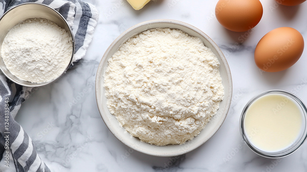 Close-up of baking ingredients: flour, eggs, milk and butter on a white marble table for homemade recipes. Close-up of baking ingredients: flour, eggs, milk and butter on a white marble table for homemade recipes.