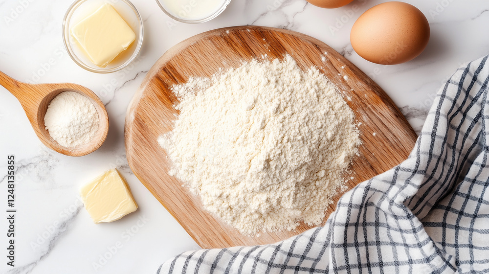 Close-up of baking ingredients: flour, eggs, milk and butter on a wooden cutting board for homemade recipes. Close-up of baking ingredients: flour, eggs, milk and butter on a wooden cutting board for homemade recipes.