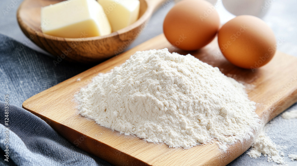 Close-up of baking ingredients: flour, eggs and butter on a wooden cutting board for homemade recipes. Close-up of baking ingredients: flour, eggs and butter on a wooden cutting board for homemade recipes.