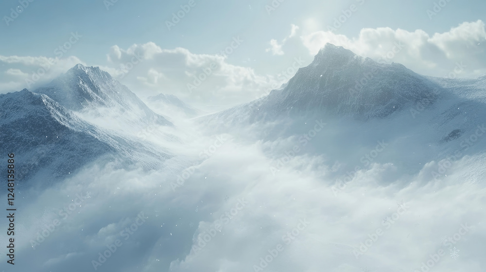 Obraz premium Cold wind effects with white smoke and flying snowflakes. Vector realistic set of frost blowing air, winter blizzard breeze. Flow of frozen fog clouds with snow isolated on transparent background