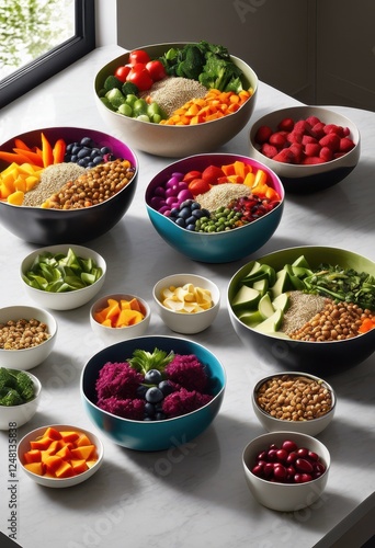 assorted vibrant bowls filled nutritious pet meals displayed sleek surface highlighting fresh ingredients colors, nutrition, food, freshness, cuisine