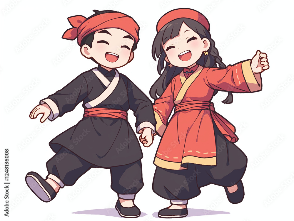 Joyful Asian Children in Traditional Attire