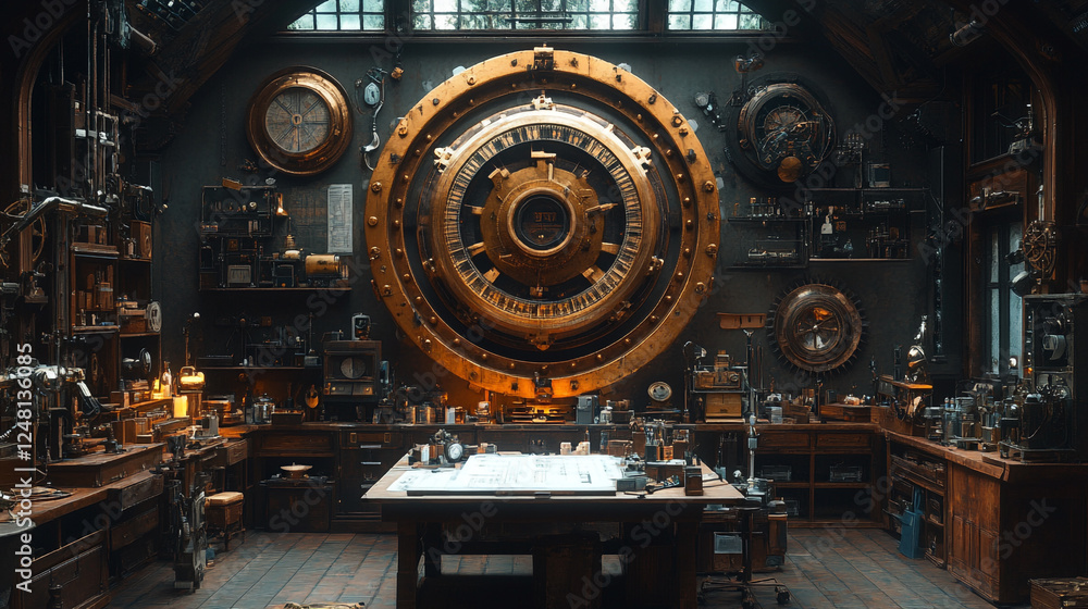 Intricate workshop with a large clock mechanism and numerous scientific tools in a vintage setting Intricate workshop with a large clock mechanism and numerous scientific tools in a vintage setting