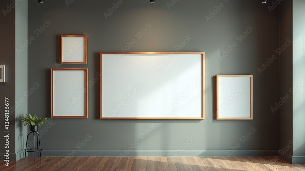 Modern Minimalist Interior with Empty Picture Frames on a Dark Green Wall Modern Minimalist Interior with Empty Picture Frames on a Dark Green Wall