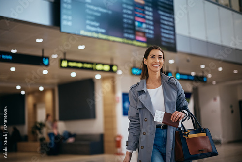 Bild auf Leinwand Young happy woman at airport departure area.