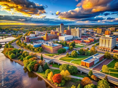 Aerial photography captures Moncton, New Brunswick's urban heart: a panoramic view of its downtown.