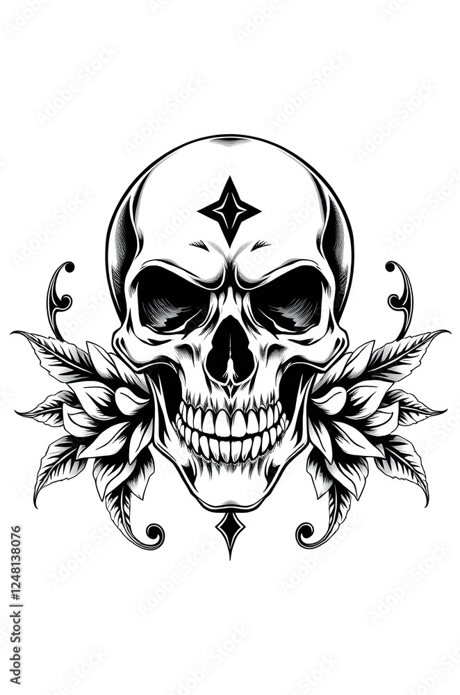 Fototapeta premium black and white scary skull tattoo design , digital illustration