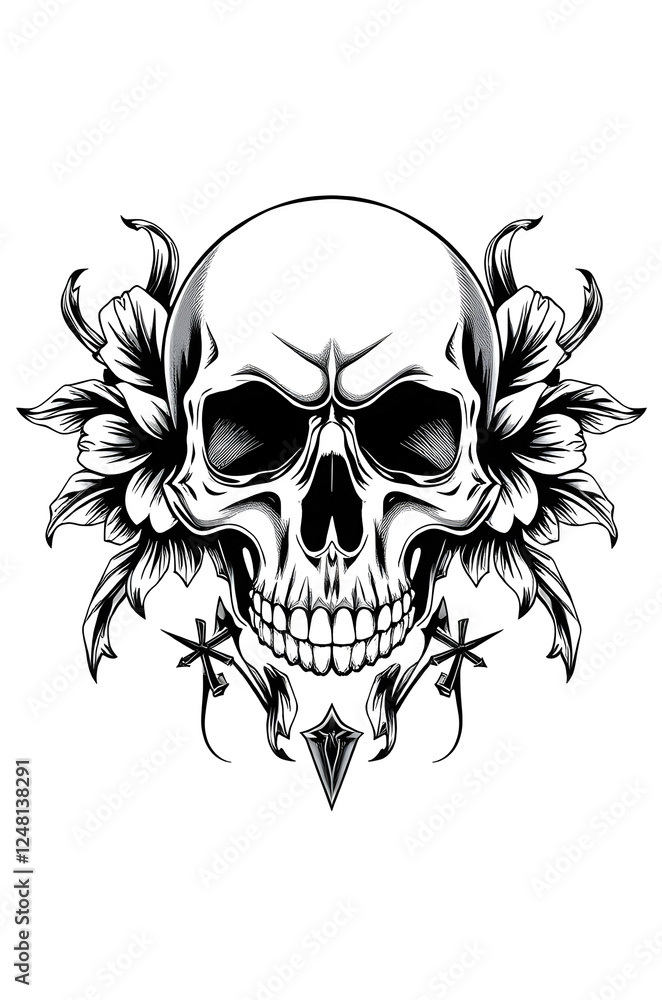 Fototapeta premium black and white scary skull tattoo design , digital illustration