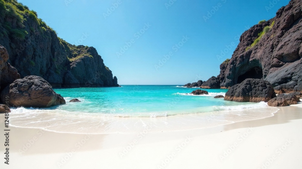 Serene Coastal Cove with White Sand Beach and Dark Volcanic Rocks under a Bright Sunny Sky Serene Coastal Cove with White Sand Beach and Dark Volcanic Rocks under a Bright Sunny Sky