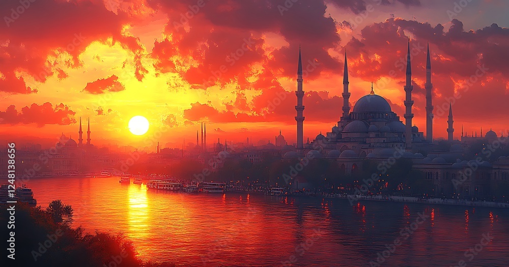 Obraz premium Sunset over Istanbul with mosque silhouette and minarets reflected in water, vibrant orange and purple sky