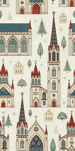 Vintage church and tree seamless pattern.