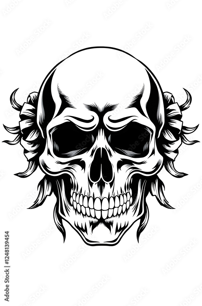 Fototapeta premium black and white human skull with ornaments , digital tattoo model 