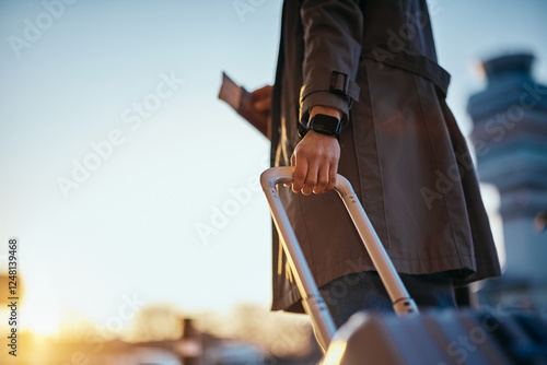 Photography Close up of traveler with suitcase at airport at sunset.