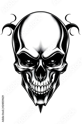 black and white human skull with ornaments , digital tattoo model 