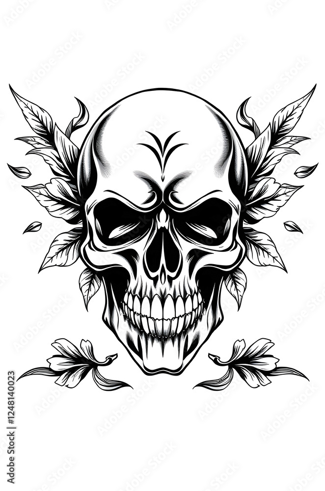 Fototapeta premium black and white human skull with ornaments , digital tattoo model 