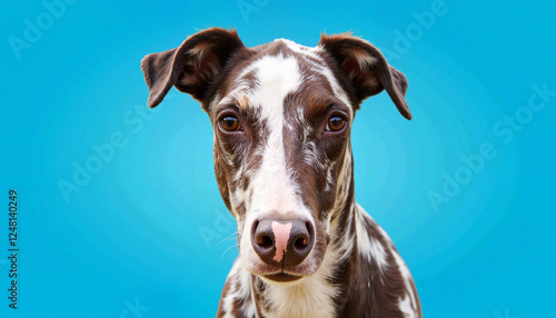 Appaloosa dog showing expressive eyes against classic blue background, emotion