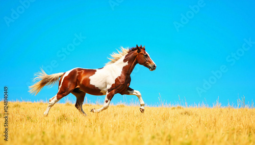 Majestic Appaloosa horse galloping through golden meadow, wild freedom