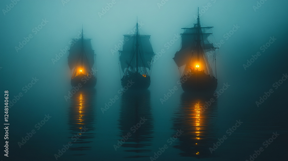 Obraz premium Mysterious ships illuminated by fog on a calm evening in a quiet harbor